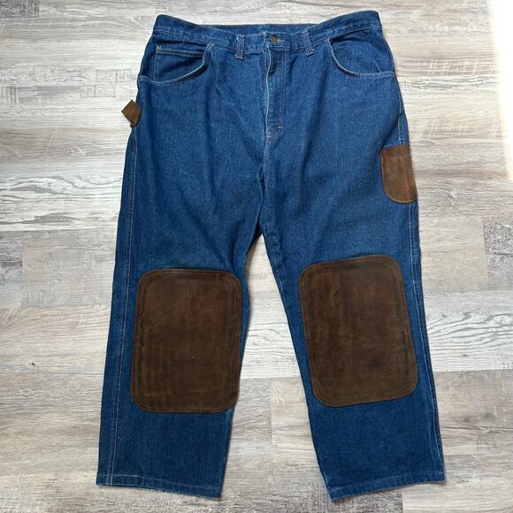 JD American Workwear Jeans Blue Denim Brown Suede Patch Carpenter Pants 40x28 - Picture 1 of 9